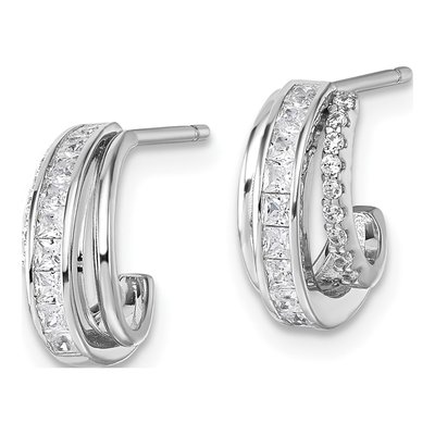 Sterling Silver 12mm CZ 3-Row J- Hoop Earrings – view 3