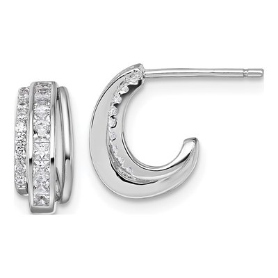 Sterling Silver 12mm CZ 3-Row J- Hoop Earrings