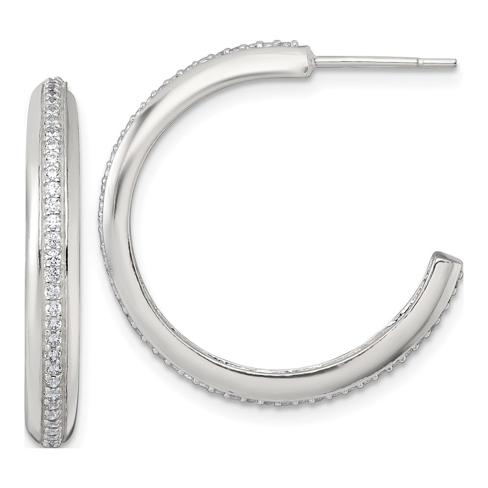 Sterling Silver Polished 26.5x3.5mm Cz Post C-Hoop Earrings