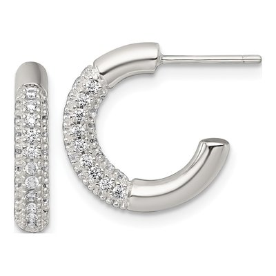 Sterling Silver 16mm CZ Pave C- Hoop Earrings