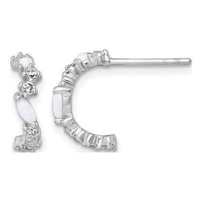 Sterling Silver 13mm Lab-Created Opal & CZ C- Hoop Earrings