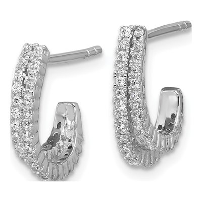 Sterling Silver 13mm CZ Double Row J- Hoop Earrings – view 2