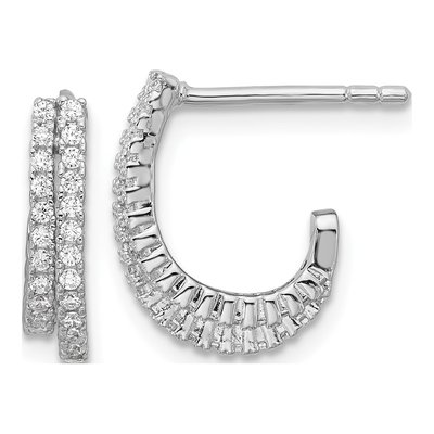 Sterling Silver 13mm CZ Double Row J- Hoop Earrings
