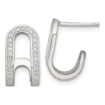 Sterling Silver 14mm CZ Curved J- Hoop Earrings