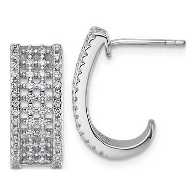 Sterling Silver 18mm CZ Pave J- Hoop Earrings