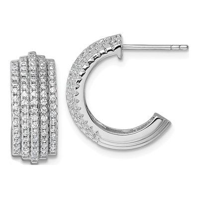Sterling Silver 19mm CZ Five Row J- Hoop Earrings