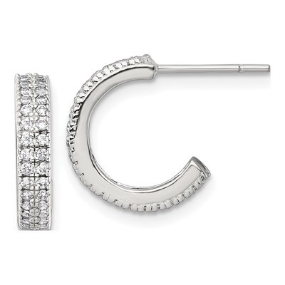 Sterling Silver 14mm CZ 2-Row C- Hoop Earrings