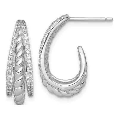 Sterling Silver 21mm CZ Twisted Triple J- Hoop Earrings