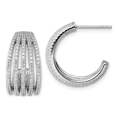 Sterling Silver 20mm CZ Multi-Row J- Hoop Earrings