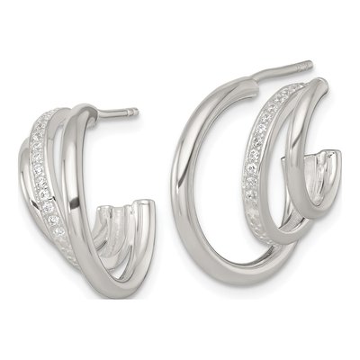 Sterling Silver 18mm CZ 3-Row C- Hoop Earrings – view 3