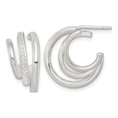 Sterling Silver 18mm CZ 3-Row C- Hoop Earrings
