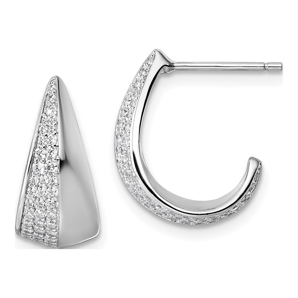 Sterling Silver Rhodium-Plated Cz Polished J-Hoop Post Earrings