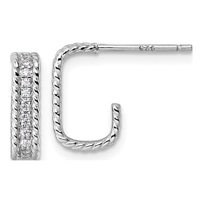 Sterling Silver 12mm CZ Rectangle J- Hoop Earrings