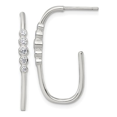 Sterling Silver 28mm CZ Bezel J- Hoop Earrings