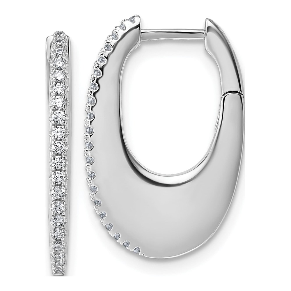 Sterling Silver Rhodium-Plated Cz Polished Oval Hinged Hoop Earrings