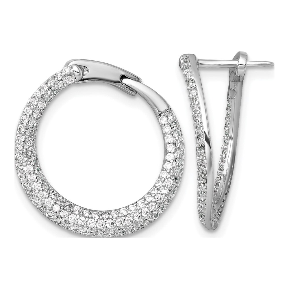 Sterling Silver Rhodium-Plated Polished Micro Pave Cz Round Offset Hinged Hoop Earrings