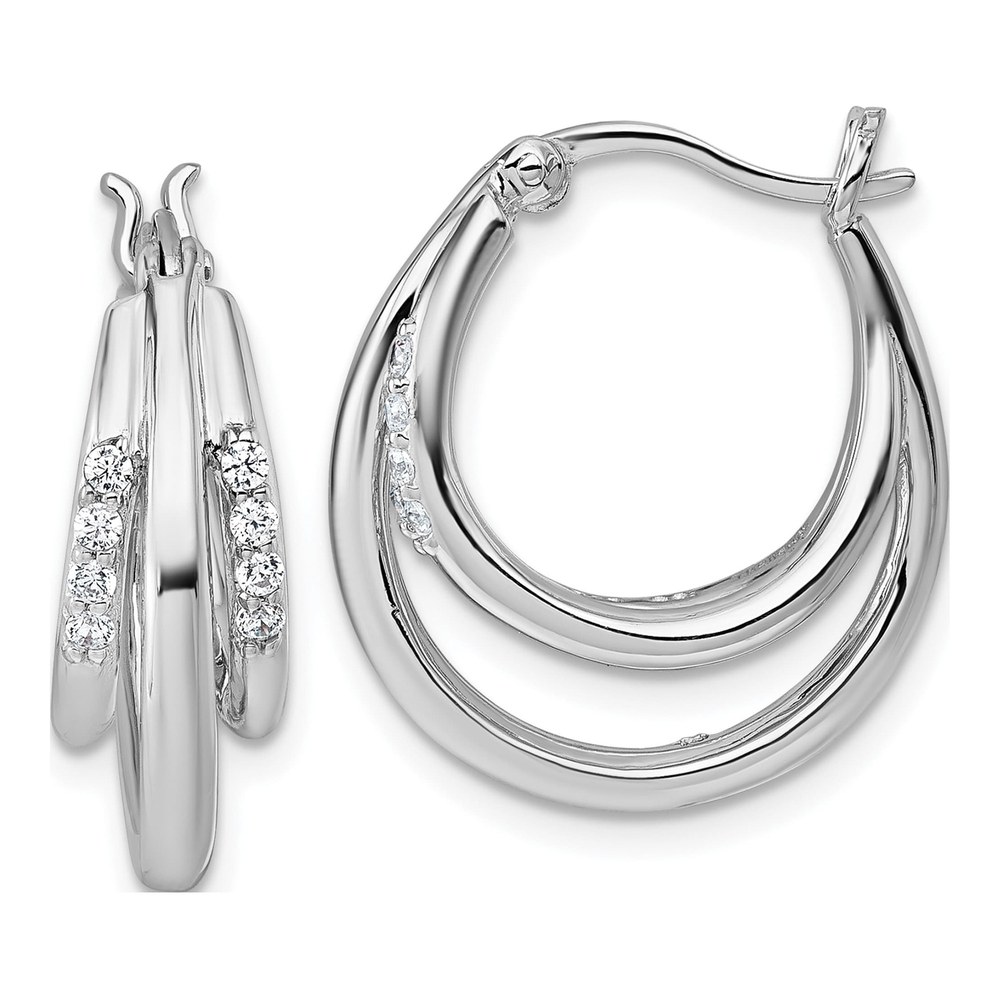 Sterling Silver Rhodium-Plated Polished White Cz Triple Hoop Earrings