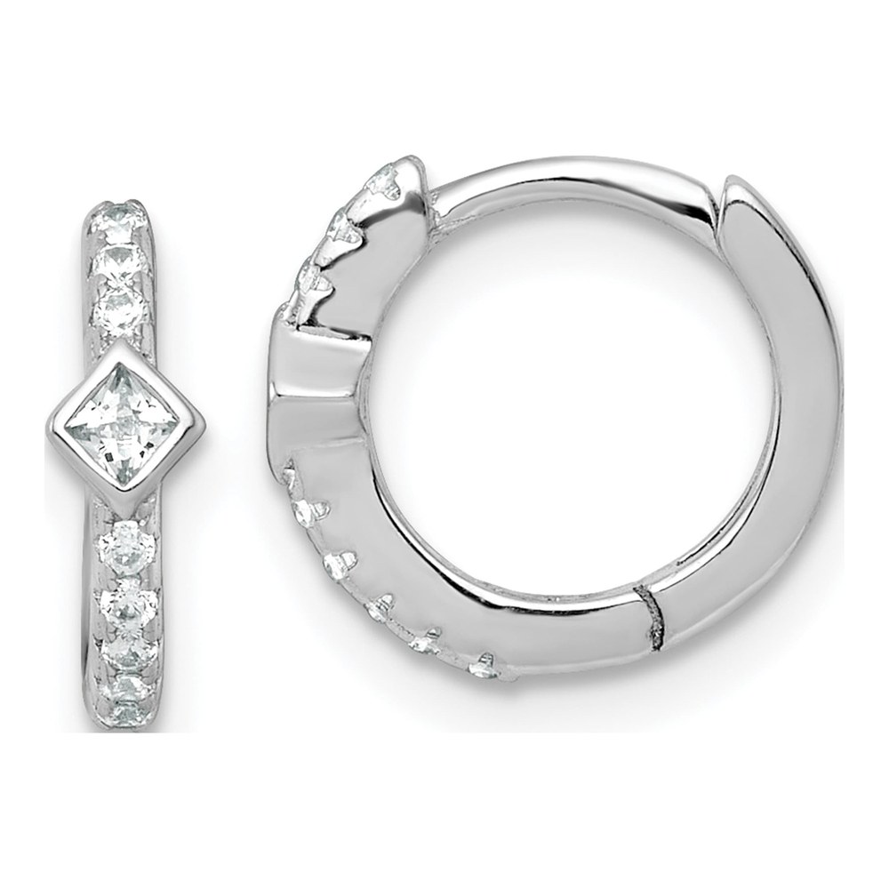 Sterling Silver Rhodium-Plated Polished Round And Square Cz Round Hinged Hoop Earrings