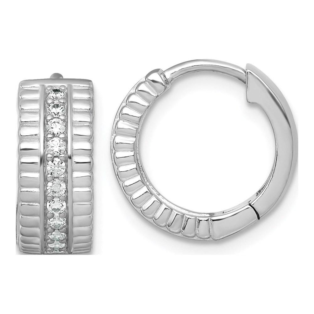 Sterling Silver Rhodium-Plated Polished And Grooved Cz 6.2mm Hinged Hoop Earrings