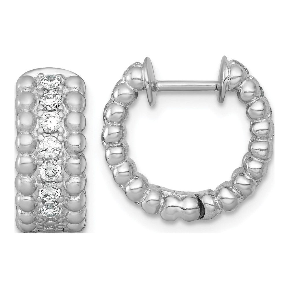Sterling Silver Rhodium-Plated Polished And Beaded Cz Round Hinged Hoop Earrings
