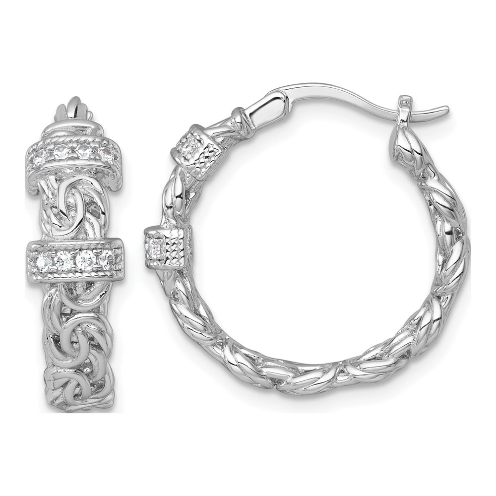 Sterling Silver Rhodium-Plated Polished Cz Byzantine Link Round Hoop Earrings