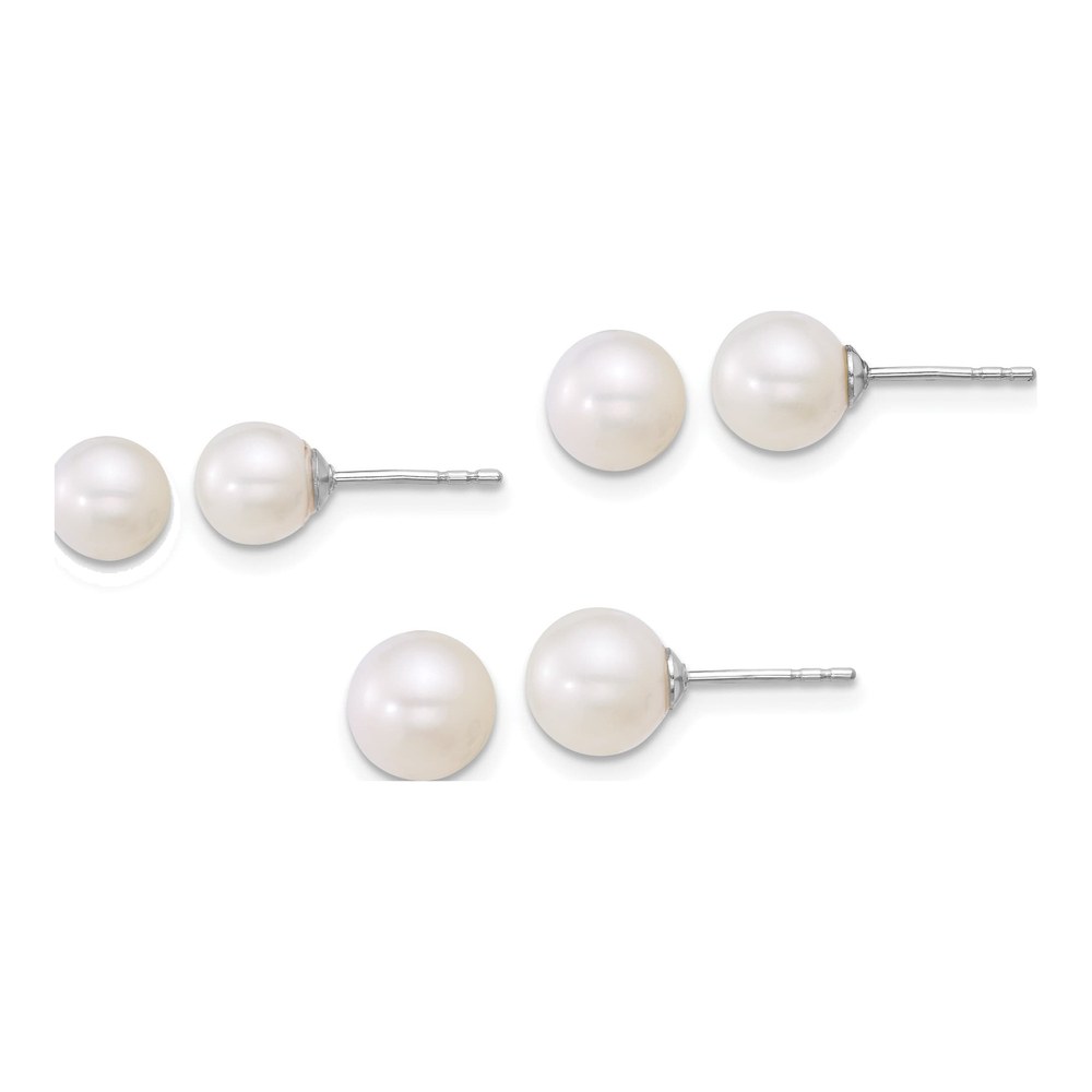 Sterling Silver Rhodium-Plated 5-6mm/6-7mm/7-8mm Round White Freshwater Cultured Pearl Post Earring Set