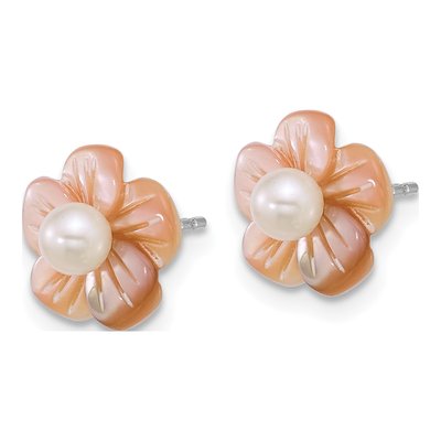 Sterling Silver Round Freshwater Cultured Pearl & Mother of Pearl Flower Stud Earrings – view 2