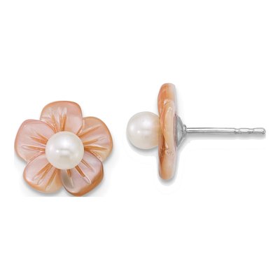 Sterling Silver Round Freshwater Cultured Pearl & Mother of Pearl Flower Stud Earrings