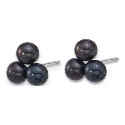 Sterling Silver Button Black Freshwater Cultured Pearl 3-Pearl Stud Earrings – view 2
