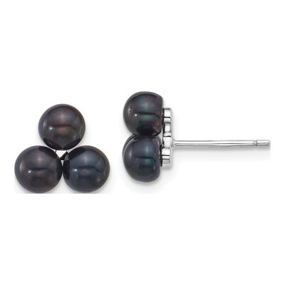 Sterling Silver Button Black Freshwater Cultured Pearl 3-Pearl Stud Earrings