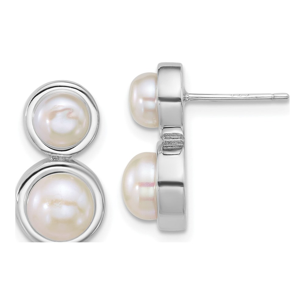 Sterling Silver Rhodium-Plated 5-7mm Button White Freshwater Cultured 2-Pearl Post Earrings