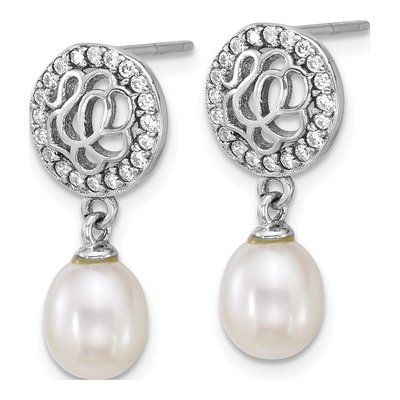 Sterling Silver Freshwater Cultured Pearl & CZ Dangle Earrings – view 2