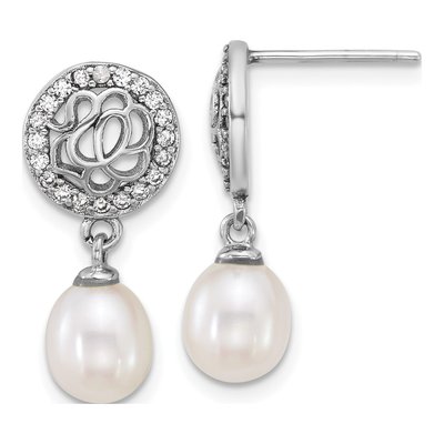 Sterling Silver Freshwater Cultured Pearl & CZ Dangle Earrings