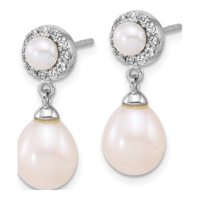 Sterling Silver Freshwater Cultured Pearl & CZ Halo Dangle Earrings – view 2