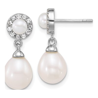 Sterling Silver Freshwater Cultured Pearl & CZ Halo Dangle Earrings