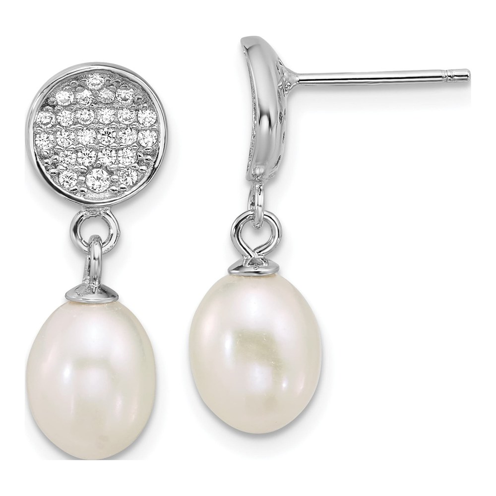 Sterling Silver Rhodium-Plated 6-8mm Teardrop White Freshwater Cultured Pearl And Pave Cz Dangle Post Earrings