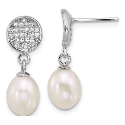 Sterling Silver Freshwater Cultured Pearl & CZ Dangle Earrings