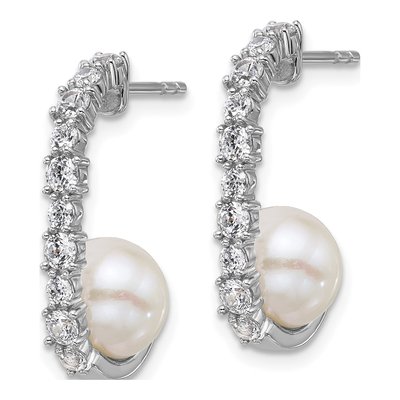 Sterling Silver Freshwater Cultured Pearl & CZ J- Dangle Earrings – view 2