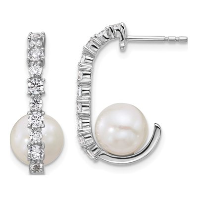 Sterling Silver Freshwater Cultured Pearl & CZ J- Dangle Earrings