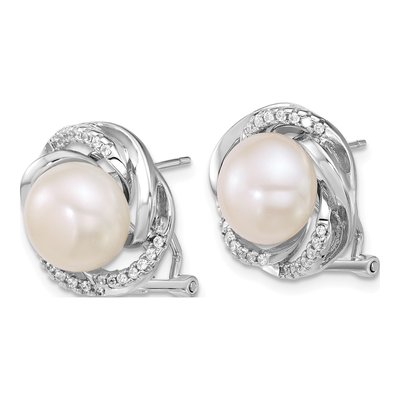 Sterling Silver Button Freshwater Cultured Pearl & CZ Omega Stud Earrings – view 2