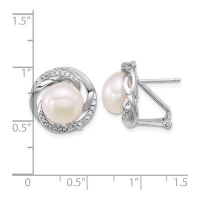 Sterling Silver Button Freshwater Cultured Pearl & CZ Omega Stud Earrings – view 3