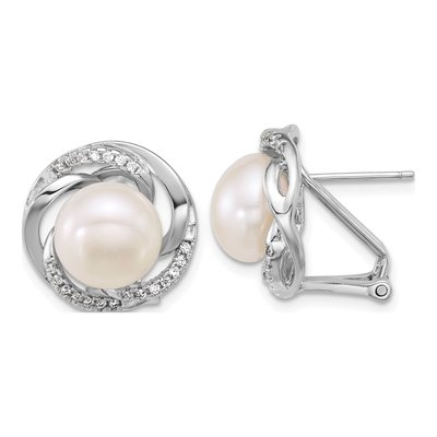 Sterling Silver Button Freshwater Cultured Pearl & CZ Omega Stud Earrings