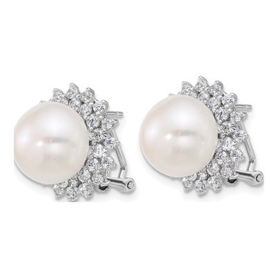 Sterling Silver Freshwater Cultured Pearl & CZ Button Halo Omega Back Stud Earrings – view 2