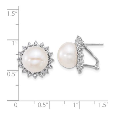 Sterling Silver Freshwater Cultured Pearl & CZ Button Halo Omega Back Stud Earrings – view 3