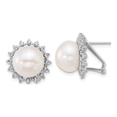 Sterling Silver Freshwater Cultured Pearl & CZ Button Halo Omega Back Stud Earrings