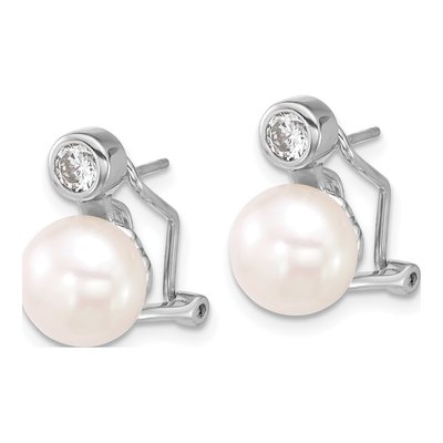 Sterling Silver Freshwater Cultured Pearl & CZ Button Stud Earrings – view 2