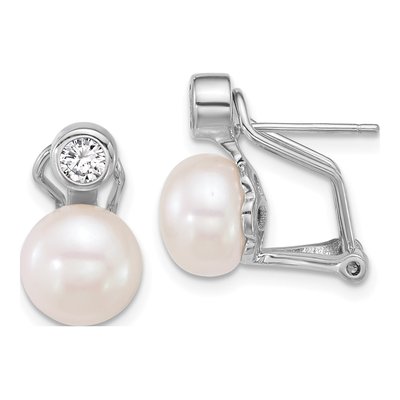 Sterling Silver Freshwater Cultured Pearl & CZ Button Stud Earrings