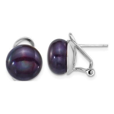 Sterling Silver Button Black Freshwater Cultured Pearl Omega Back Stud Earrings