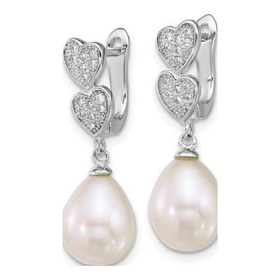 Sterling Silver Freshwater Cultured Pearl & CZ Heart Dangle Earrings – view 2