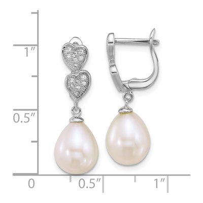 Sterling Silver Freshwater Cultured Pearl & CZ Heart Dangle Earrings – view 3